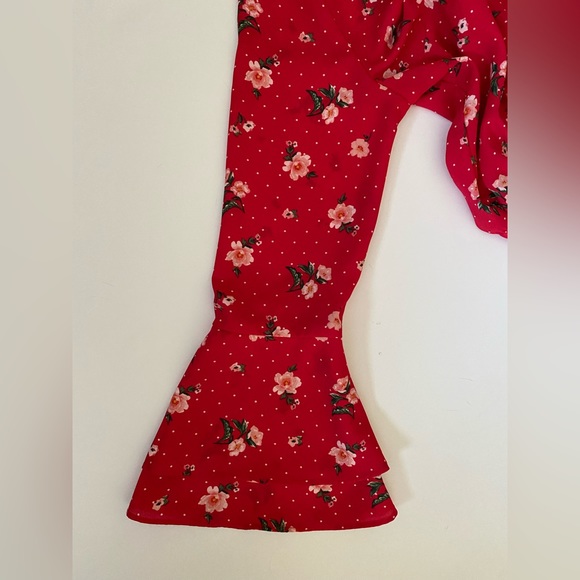 H&M Kimono Romper Womens Red Floral Print V Neck Long Bell Sleeve Open Back - Picture 5 of 8